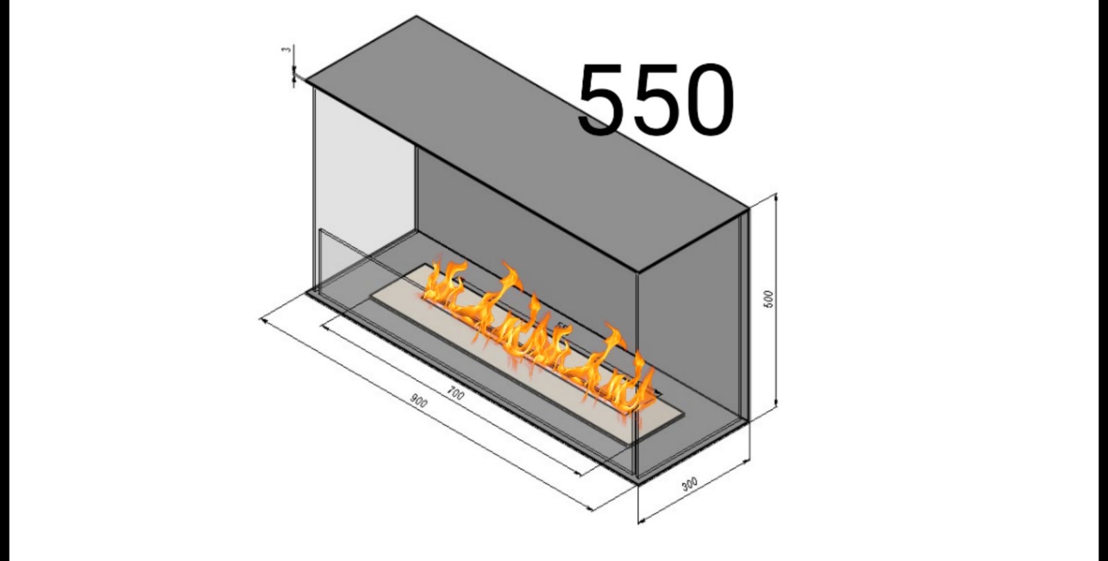 Біокамін фронтальний ( трьохсторонній) безрамочний 550